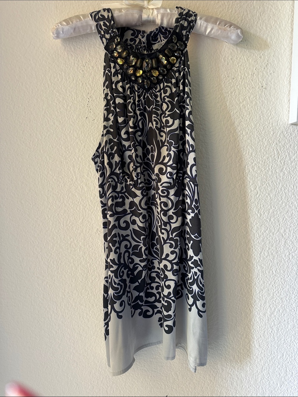100% Silk, Cache Navy, Black & White Embellished Halter Top.